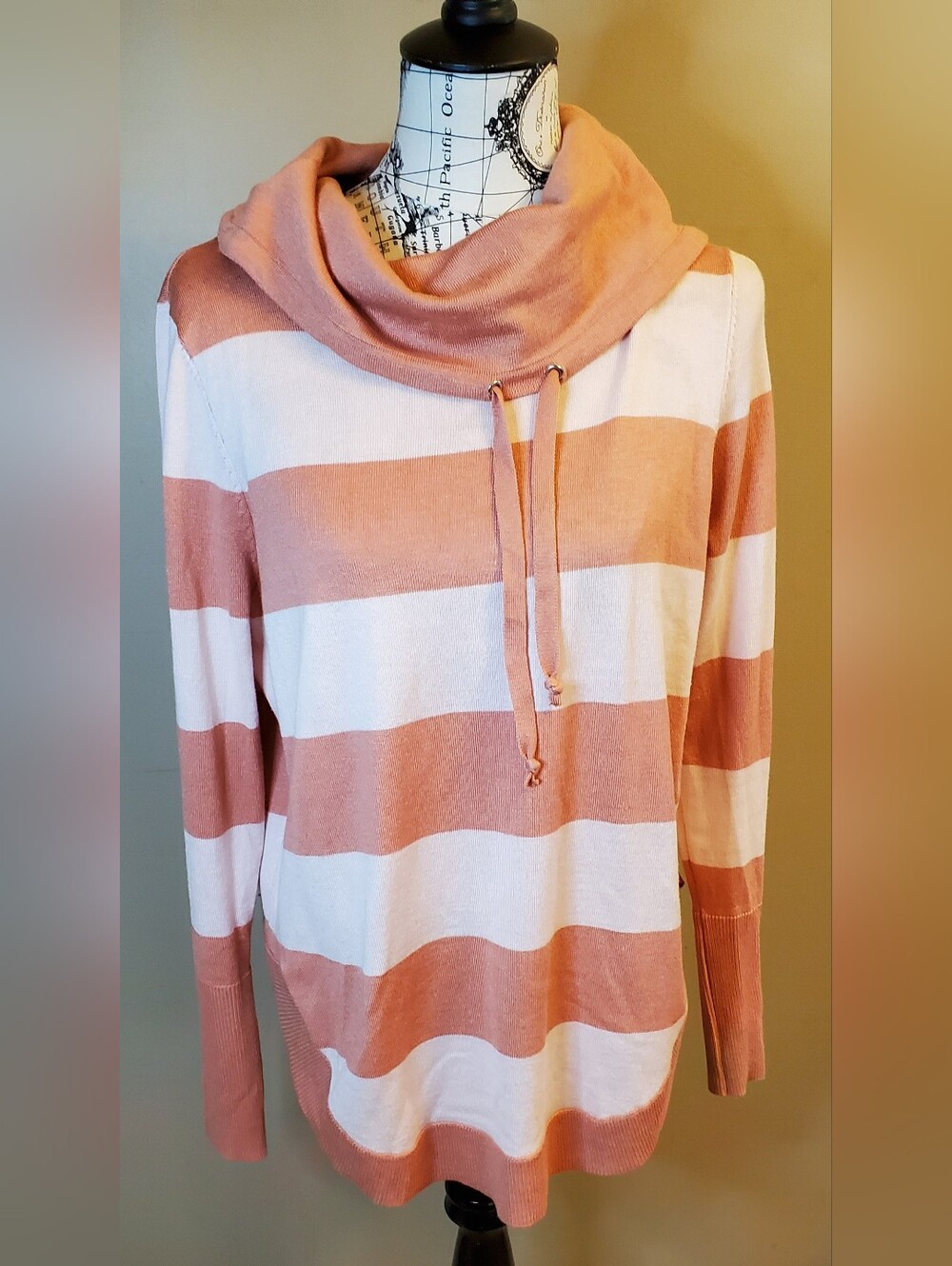 Lety & Me Large Cowl Neck Striped Knit Sweater Pink White Lace Up Sleeve Top